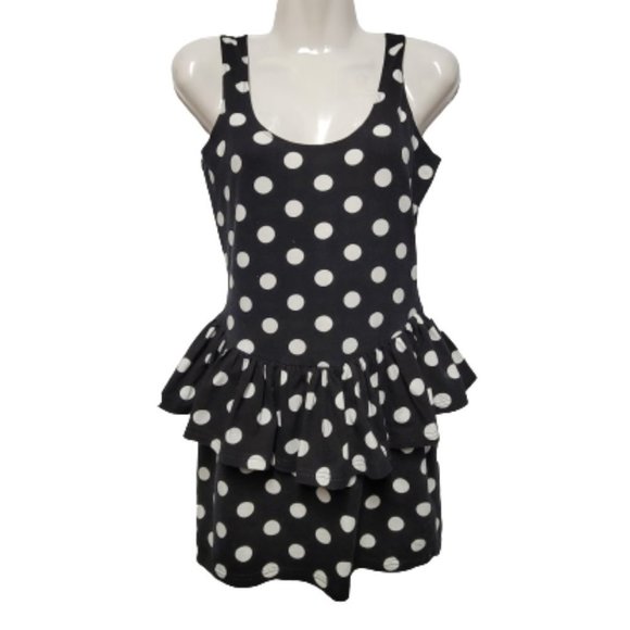 Polka dot Black and White Peplum-Style Mini Dress Size M - Picture 1 of 7